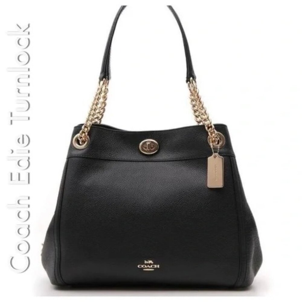 Euc Coach Edie Turnlock Black Leather Shoulder Bag